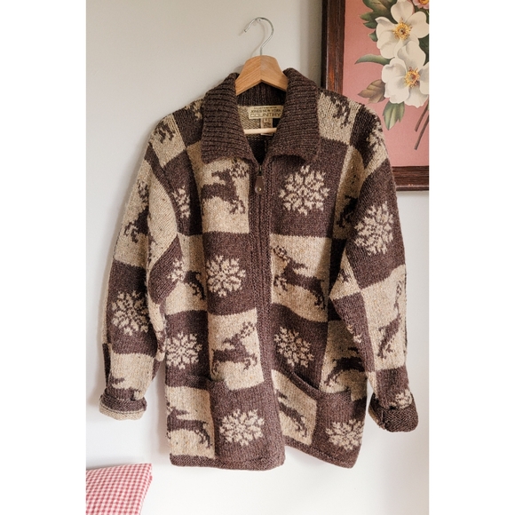 Vintage Wool Cowichan Style Sweater Wool Zip Front w/ Neutral Winter Patchwork - Picture 4 of 15